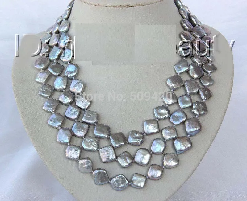 

~~ Free Shipping >>stunning 3rows big 14mm baroque gray freshwater cultured pearl necklace 17-18-19