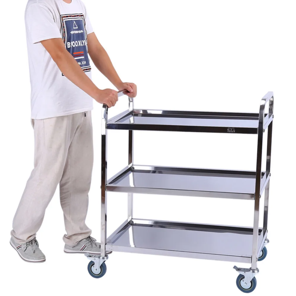 

900X850X450mm Stainless Steel 3 Tier Clearing Trolley Large Rolling Cart Space Saving for Bathroom Kitchen Living Room