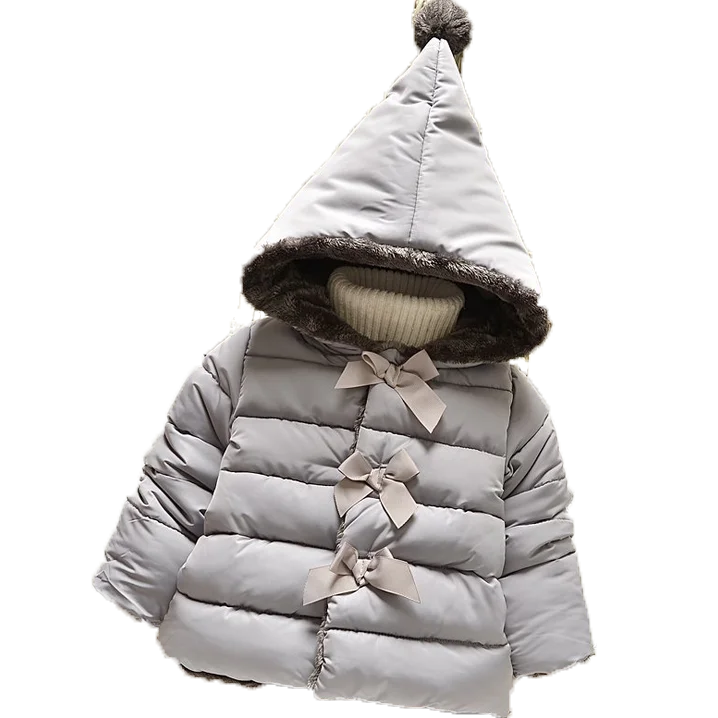 WEONEDREAM/Коллекция года, зимняя одежда для маленьких девочек хлопковые детские парки с капюшоном и бантом зимняя одежда в стиле принцессы, верхняя одежда, 3 цвета - Цвет: grey