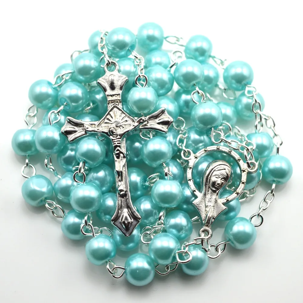 Colorful glass bead pearl imitation rosary necklace, 8 mm round bead