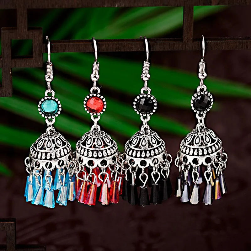 

TopHanqi Indian Jhumka Jewelry Bohemia Vintage Colorful Tube Tassel Drop Earring Ethnic Sliver Metal Dangle Earrings For Women