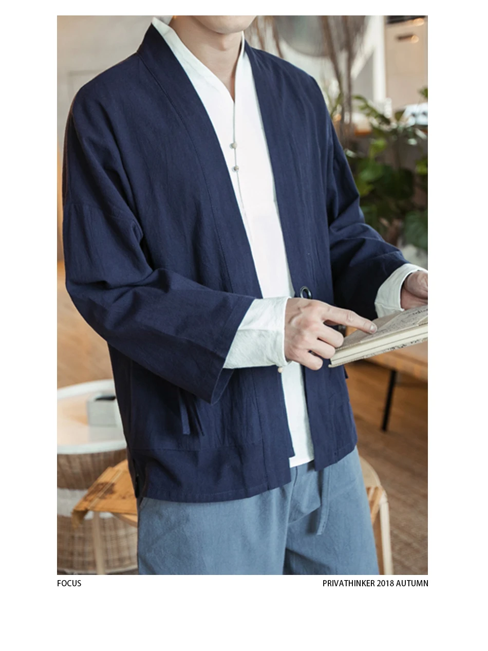 Sinicism Store Cotton Linen Shirts Men Kimono Traditional Open Stitch Shirt Belt Pocket Male Three Quarter Sleeve Shirt Harajuku