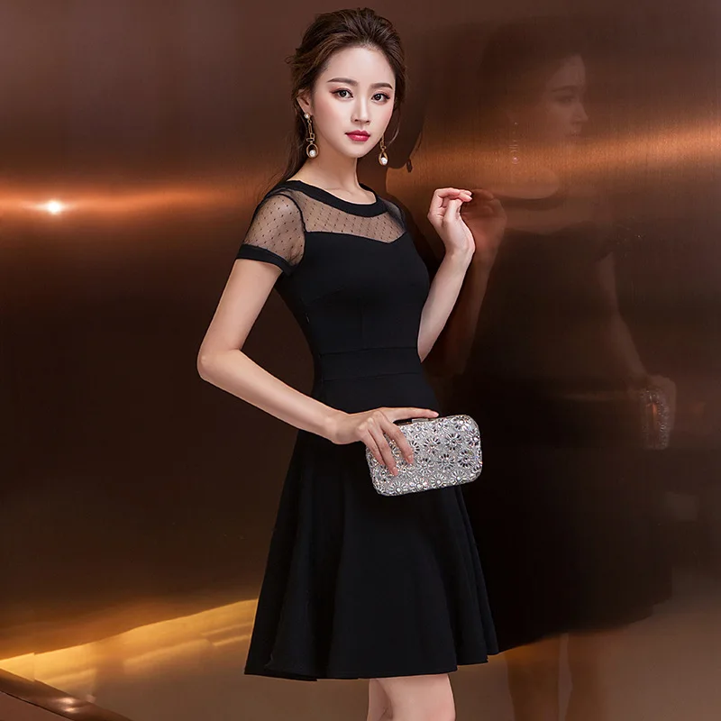 

Black Evening Gauze Dresses Yewa Woman Sexy Hollow Out Perspective Gauze O-Neck Formal Party Dress 2019 Summer The New Listing