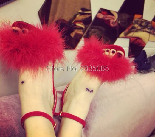Hot-Sale-Designer-Ladies-Shoes-Summer-Open-Toe-Sexy-High-Heels-Feather-Fur-Sandalias-Ankle