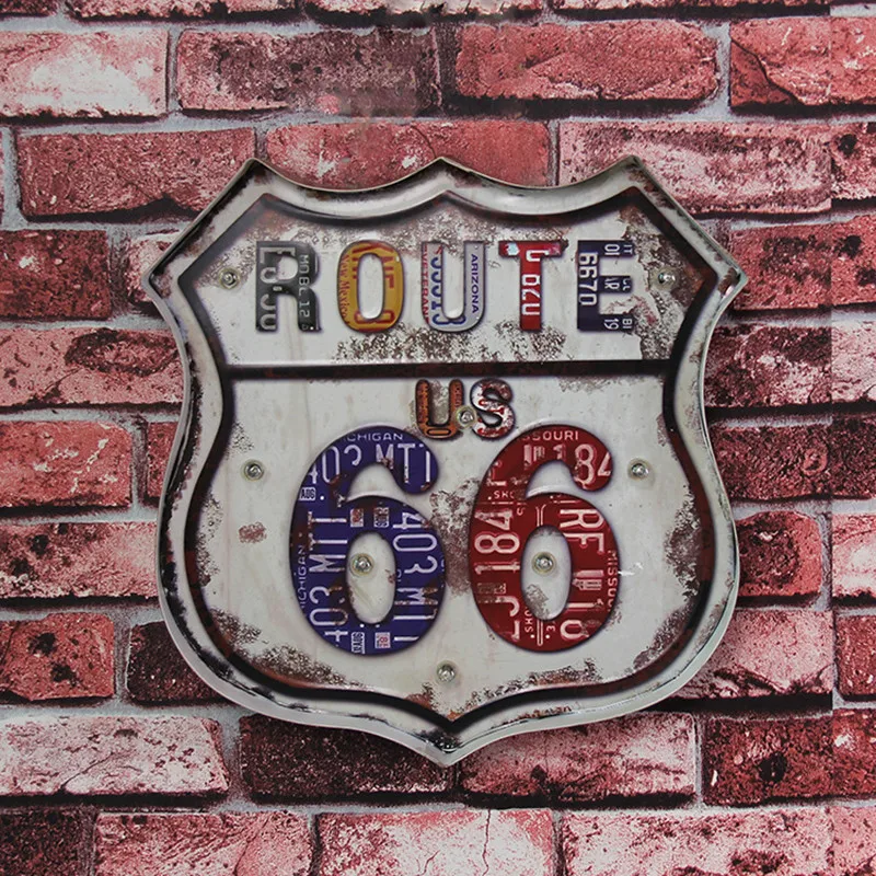 USA Route 66 LED Light Lamp Signboard Advertising Metal Tin Signs Iron Poster Retro Art Wall Decorative for Garage Home Bar Pub