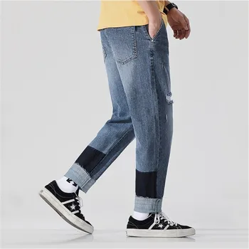 

Male Loose Large-Size Hallen Trousers Leisure Light-coloured Nine-minute Pants Trendy Shoe Trousers Spring Street Hole-in Jeans