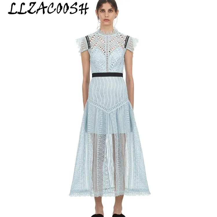 

Self portrait Dresses 2019 women summer elegant vintage short sleeve Patchwork Hollow Out Crochet Dress