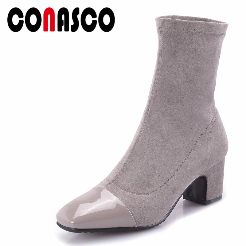 

CONASCO Sexy Patchwork Women Socks Boots Square Heels Autumn Winter Short Ankle Boots Warm Martin Shoes Woman Ladies Pumps