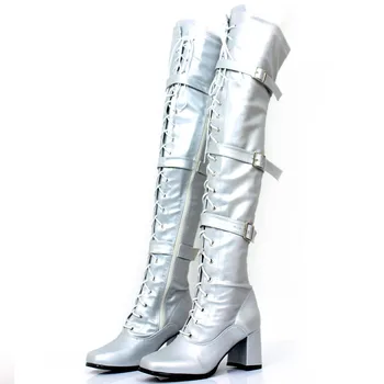 

Women Long Boots Fashion Retro Block High Heel Square Toe Lace-Up Zip Buckle Strap Over-The-Knee Ladies Dance Party Shoes