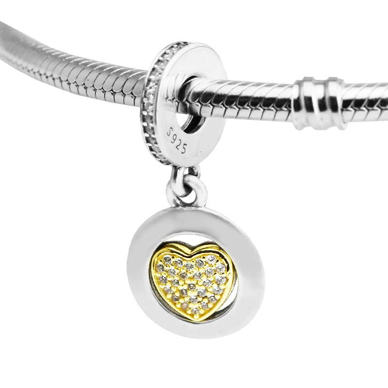 

100% 925 Sterling Silver 14K Real Gold Signature Heart Beads Clear CZ Charm Beads for Jewelry Making Fit Bracelets DIY PF521K