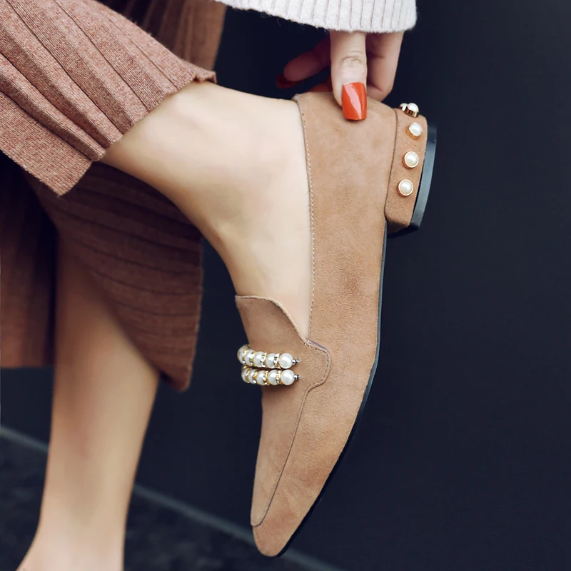 

Women's genuine suede leather beading slip-on flats brand designer pointed tie soft comfortable leisure spring new shoes sale
