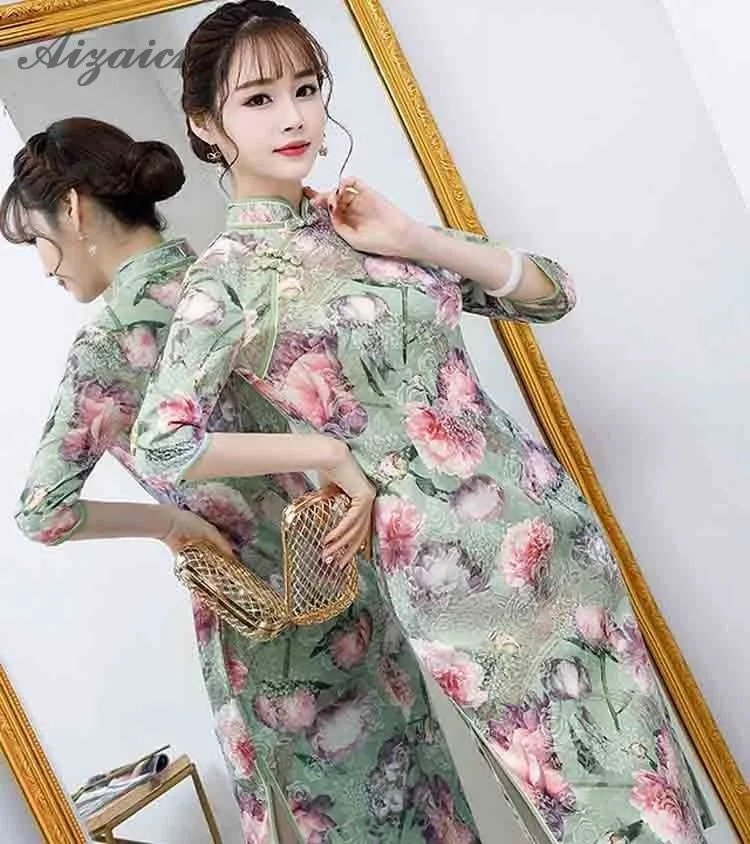 Летние восточные Ретро Чонсам с цветами Длинные платья Qi Pao элегантное платье женское китайское традиционное вечернее китайское