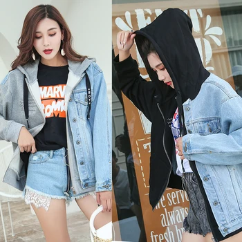 

Boyfriend Trends Jean Hooded Coat 2019 Patchwork Black Grey Blue Long Sleeve Single Breasted Denim Jacket Outwear