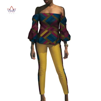 

New Women Top and Pants Sets Africn Ankara Print Long Sleeve V-neck Tee and Pants Bazin Riche Women African Clothing WY4280