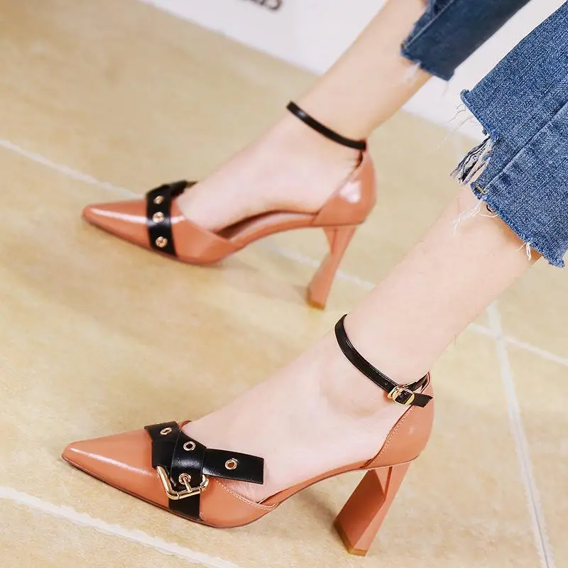 

Black high heel women's sense with 2019 spring tide rivet pointed shallow mouth single shoes professional work shoes
