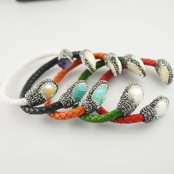 

For Women 5Pcs Natural Pearl &Stones Stones Pave Rhinestone Crystal Leather Bangles Bracelet in Mixed Color Jewelry Finding