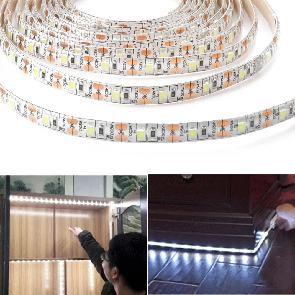 

1m 2m 3m PIR Motion Sensor LED Cabinet light DC 5V Strip tape Under Bed lamp For Closet Wardrobe Stairs Hallway Battery Power