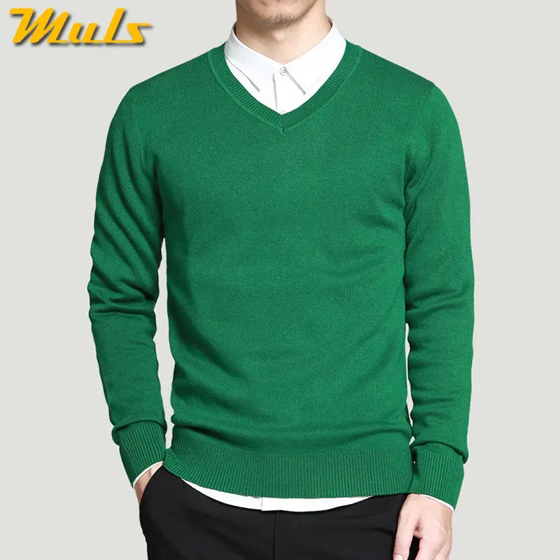 Свитер из мериносовой шерсти, пуловеры для мужчин, длинный свитер с v-образным вырезом, джемперы, роскошный зимний теплый Мерсеризованный флисовый мужской трикотаж, осень-весна - Цвет: Green