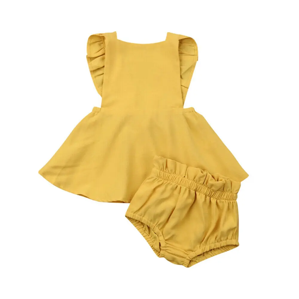 

UK Newborn Kid Baby Girl Clothes Cotton Fly Sleeve Solid Tops Dress +Shorts Briefs 2PCS Outfits Set Clothes