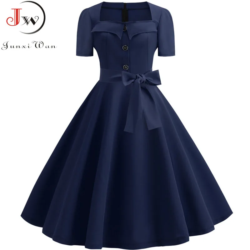 

Retro Polka Dot Dress for Women 2019 Summer Square Collar Elegant Vintage Dress 50s Pin Up Rockabilly Vestidos Robe Plus Size