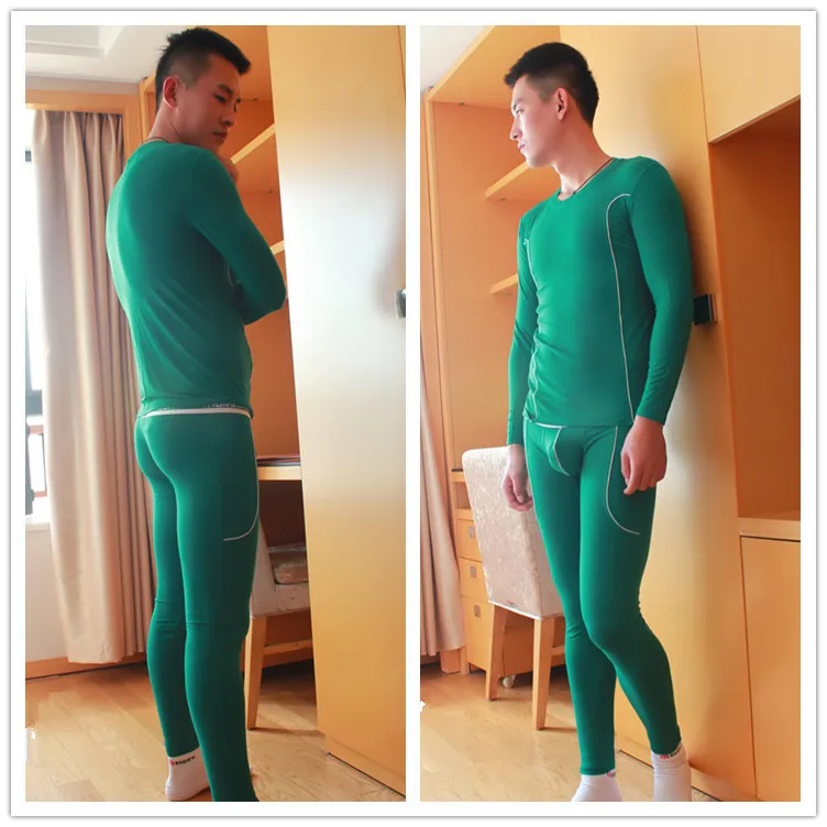 Wangjiang, термобелье для мужчин, длинный Джон, набор, бамбуковое волокно, одежда для сна, мужские облегающие пижамы, рубашка с длинным рукавом, Топы+ штаны с мешочком - Цвет: Зеленый