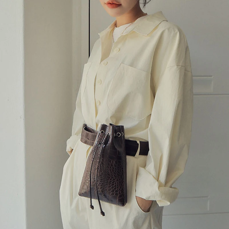 

Pin buckle belt with crocodile drawstring bucket pockets Belt decorative pockets
