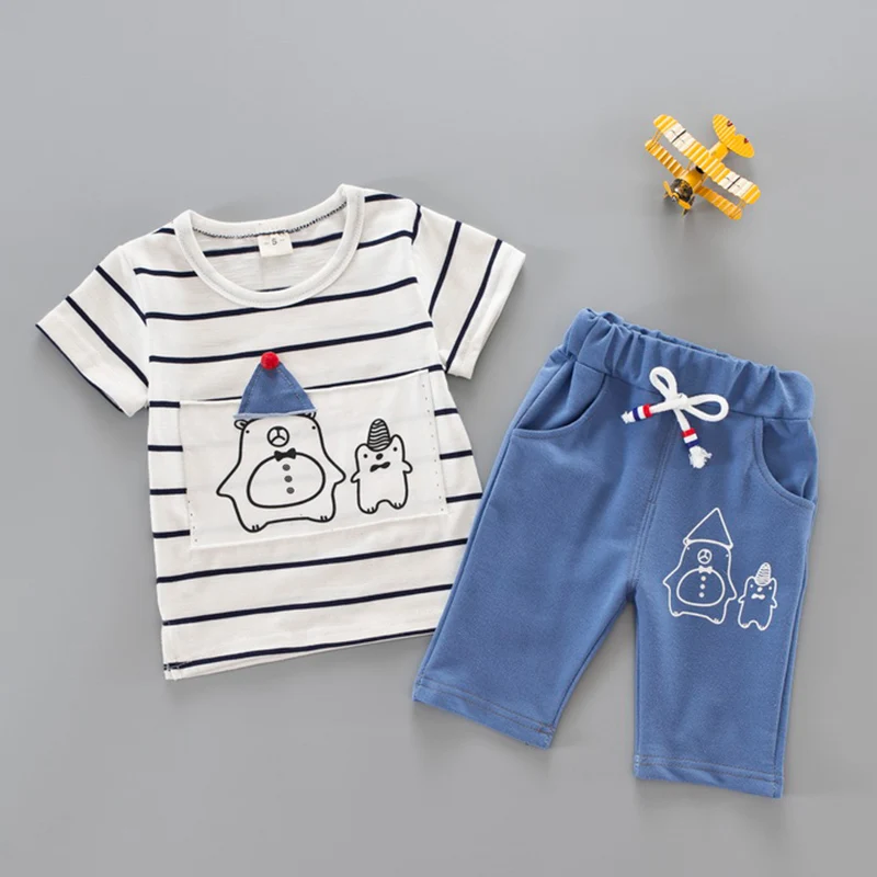 AX1169 blue Bear Leader/комплект одежды для мальчиков; Новинка года; летние хлопковые футболки в полоску с героями мультфильмов+ брюки; Одежда для мальчиков; одежда для маленьких мальчиков - Цвет: AX1169 blue