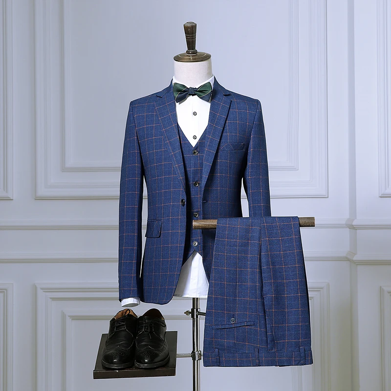 

2018 New England Style Mens Slim Fit Business 3 pcs Suits with Jacket Vest Pants Male Plaid Wedding Blazers Red Blue Black XXXL