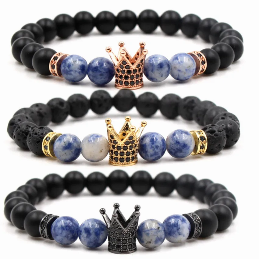 

HAPLUS Lava Stone Crown Charm Bracelet for Men Women Black Matte Natural Stone Bead charm Bracelets Unisex
