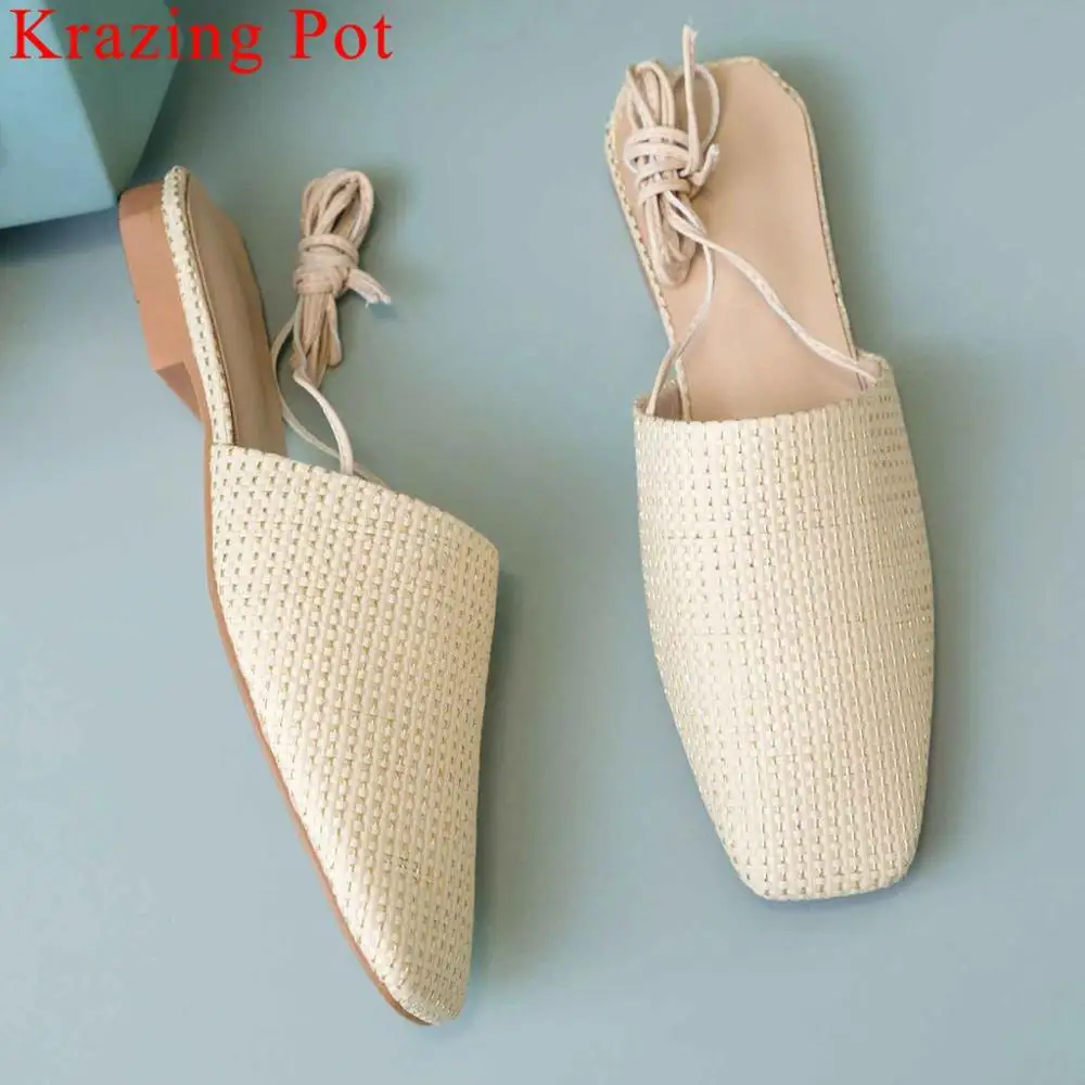 

Krazing Pot new arrival breathable weaving lace up art design women sandals low heels slingback vintage square toe shoes L5f1