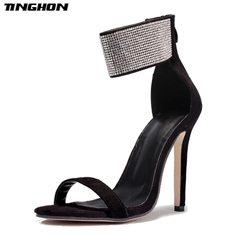 

TINGHON Women Sandals High Heels Crystal Sexy Rhinestone Thin Heels Suede Open-Toed Ladies Party Wedding Shoes