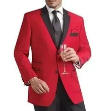 Индивидуальный дизайн, две пуговицы, красные смокинги для жениха, черные лацкан, мужские свадебные костюмы(пиджак+ брюки+ галстук