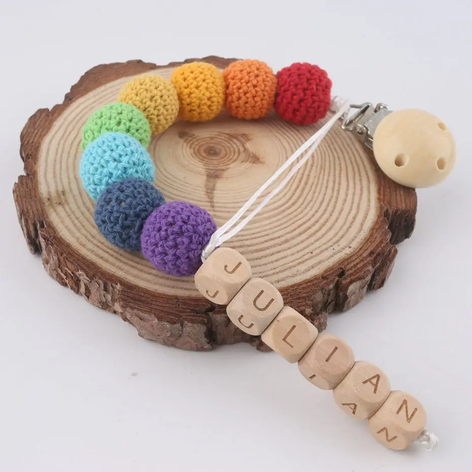 1PC Customize The Baby's Name Baby Pacifier Clips Rainbow Crochet Beads BPA Free Wood Teether Children's Jewelry Teether
