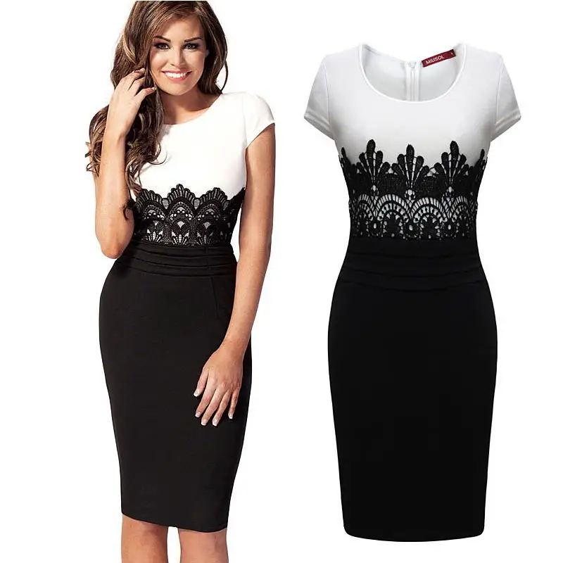 

Ultra low prices in stock ! Europe new black white stitching party dresses lace dress Large size S-XXL