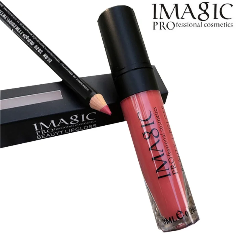 New fashion 2 pcs/set lip kit Lip Gloss Matte Liquid Lipstick with lip pen Makeup Soft  Lipgloss Kit cosmetic by IMAGIC 