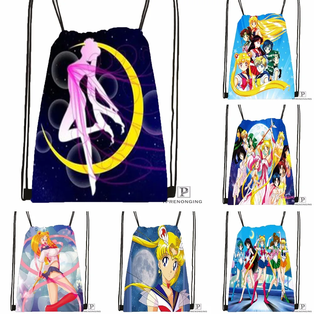 Custom Sailor Moon and the Scouts Drawstring Backpack Bag Cute Daypack Kids Satchel Black Back 31x40cm
