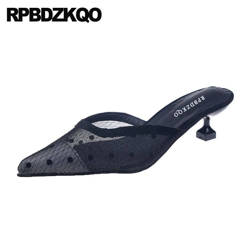 

casual shoes women black scarpin pumps polka dot pointed toe ladies sandals mesh mules slipper kitten medium heels high fashion