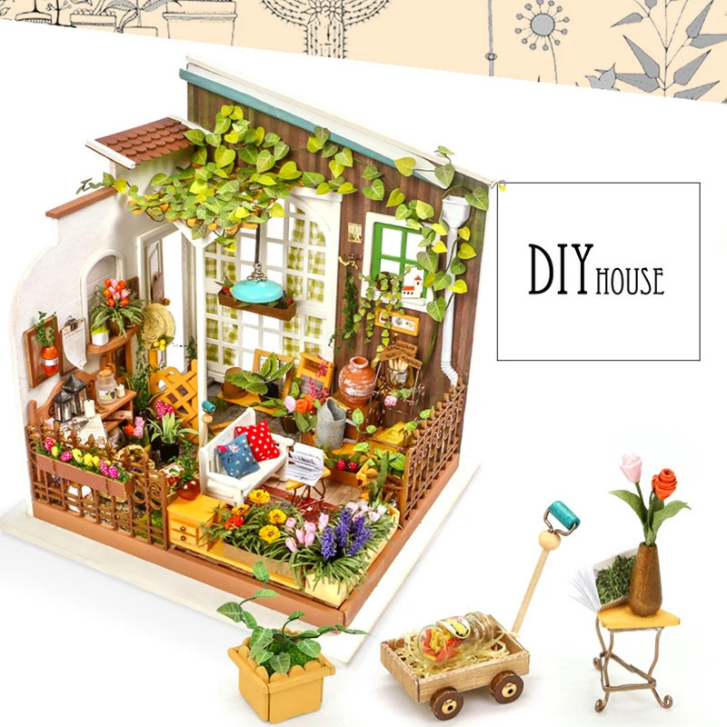

DIY Wooden Doll House Miniaturas DollHouse With 3D LED Furniture Model Handmade Assembled Toys Alice Sweet Dreams DG108 #E