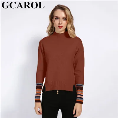 Женский эластичный свитер GCAROL, повседневный джемпер с разрезами по бокам и воротником-стойкой, пуловер с рукавами в полоску на осень и зиму - Цвет: caramel colour