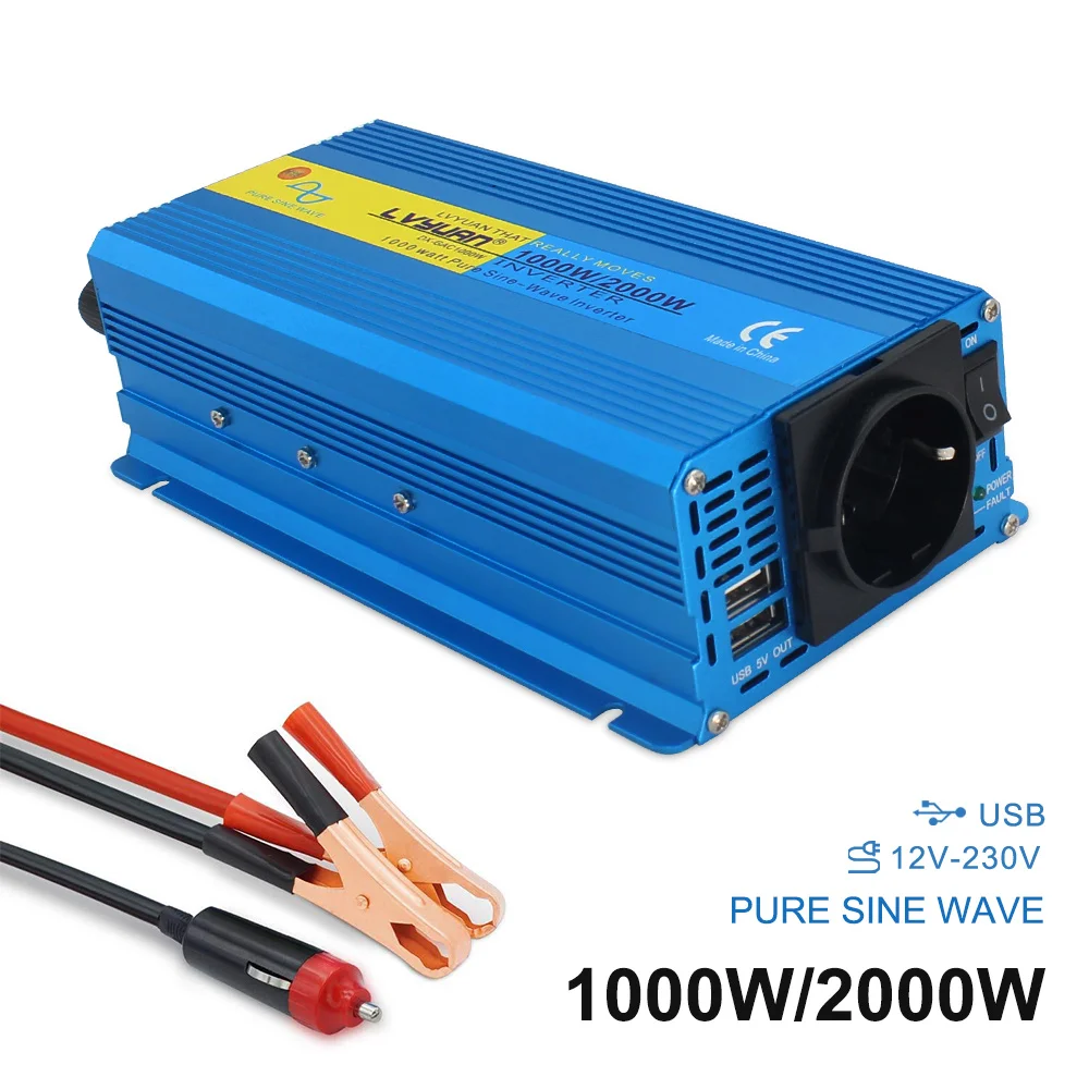 2000W PURE SINE WAVE POWER INVERTER Dual usb DC 12V To AC 220V 230V CAR CAMPING BOAT Converter 3.1A 2 USB EU PLUG