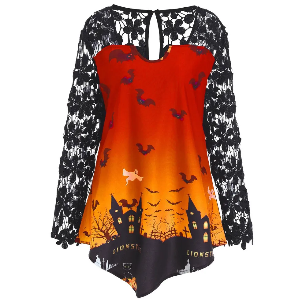 Womens Tops and Blouses Shirt Halloween Tops Print O Neck Lace Hollow