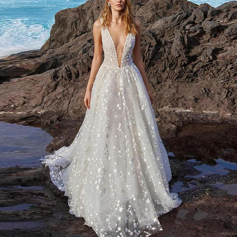 

Ladies Sexy Sleeveless Deep V-neck Dress Long Gown Tulle Backless Prom Ball Floor-Length Women's Dresses