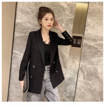 

Autumn Winter New Style of 2019 Vintage Double Breasted Women JaCket Pockets Female Work Outwear Solid Office Suit Coat