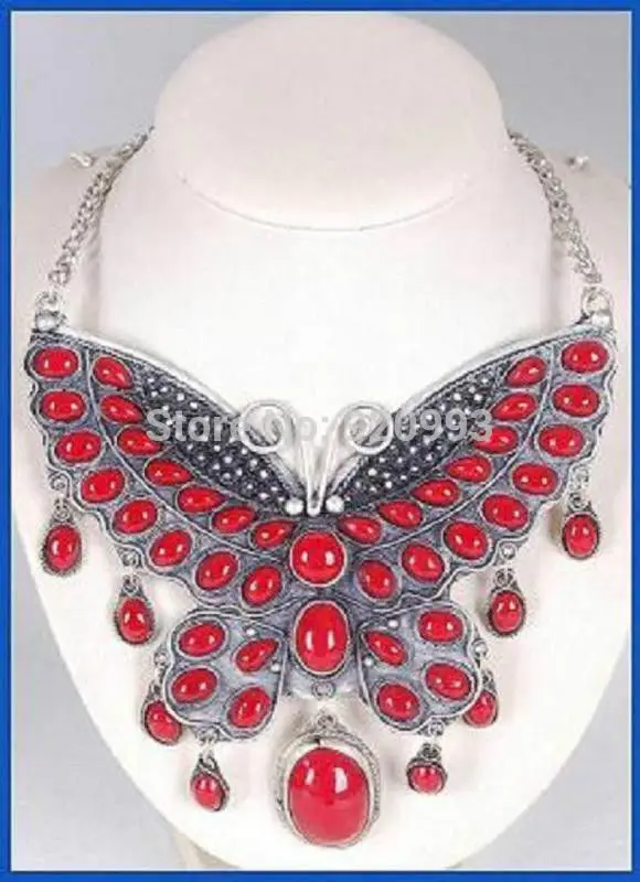 

FREE SHIPPING>>>@@ > free P&P*****Beautiful silver plate tibet coral butterfly necklace