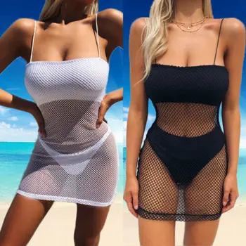 

2019 Sexy Women Fishnet Crochet Mesh Bikini Cover Up Swimwear Beach Dress UK