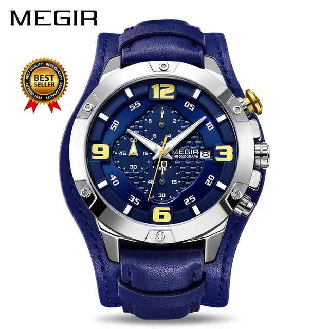 

MEGIR Men's Chronograph Quartz Watches 2019 New 3 Bar Waterproof Leather Strap Luminous Army Sports Stopwatch for Man 2099 Blue