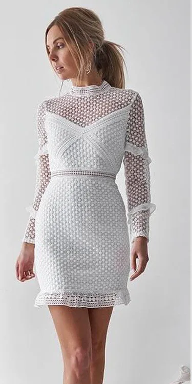 

Women 2019 Spring Summer Embroidery Dress Hollow Out Long Sleeves Lace Dress Solid White Casual Double Layer Dress