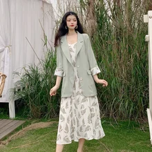 Женская одежда Летний Тонкий Повседневный костюм с длинными рукавами+ цветочный шифон с v-образным вырезом Спагетти ремень винтажное платье Модный комплект из двух предметов