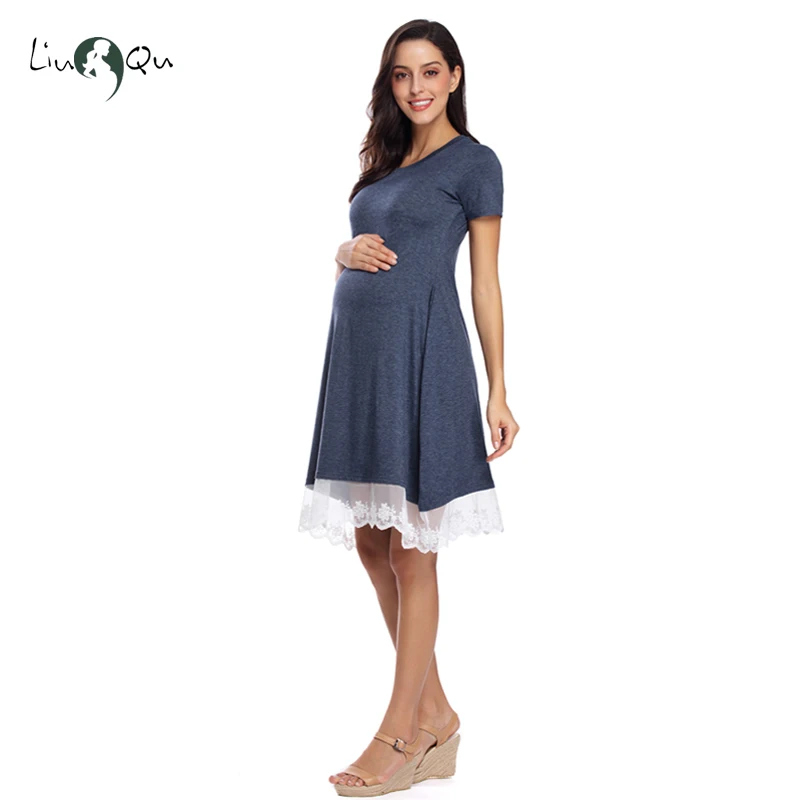 Платья для беременных, платья для мам с коротким рукавом, кружевные, несимметричные, повседневные, свободные, платья для беременных, платья размера плюс, женские платья