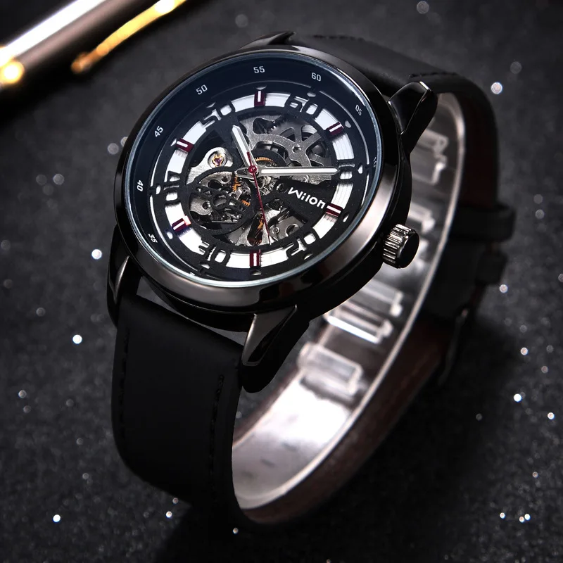 Wilon أزياء جهين الهيكل العظمي ساعة رجالي الجوف تصميم الأسود التلقائي ساعات آلية مقاومة للماء جلدية ووتش Wilon أزياء جهين الهيكل العظمي ساعة رجالي الجوف تصميم الأسود التلقائي ساعات آلية مقاومة للماء جلدية ووتش